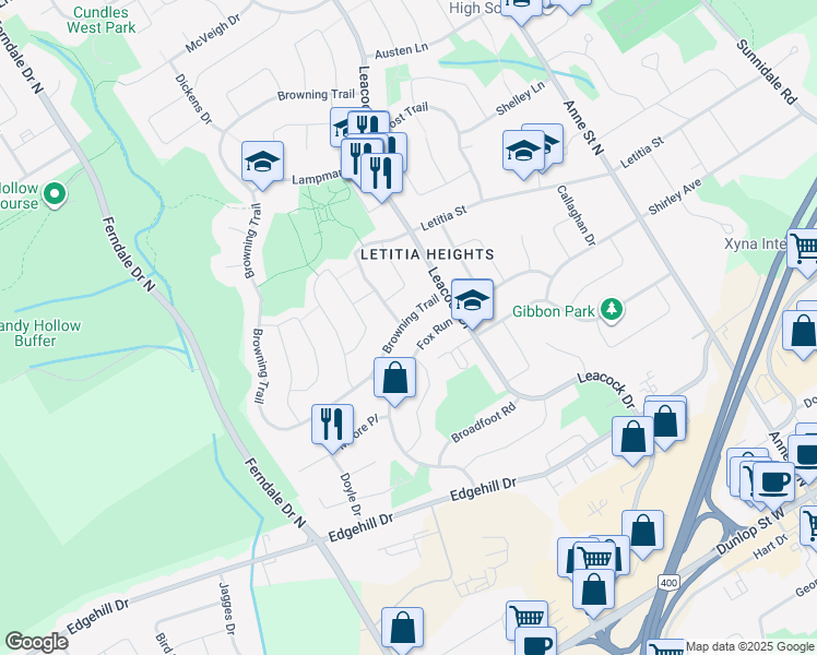 map of restaurants, bars, coffee shops, grocery stores, and more near 18 Browning Trail in Barrie