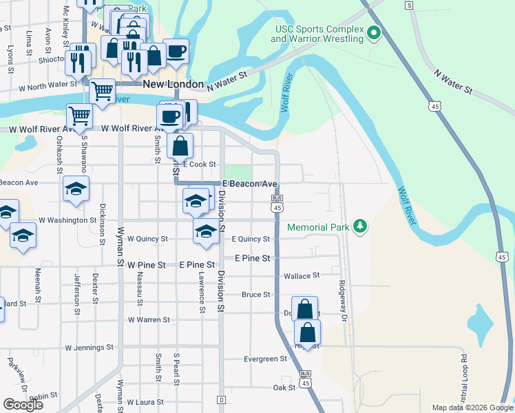 map of restaurants, bars, coffee shops, grocery stores, and more near 422 East Beacon Avenue in New London