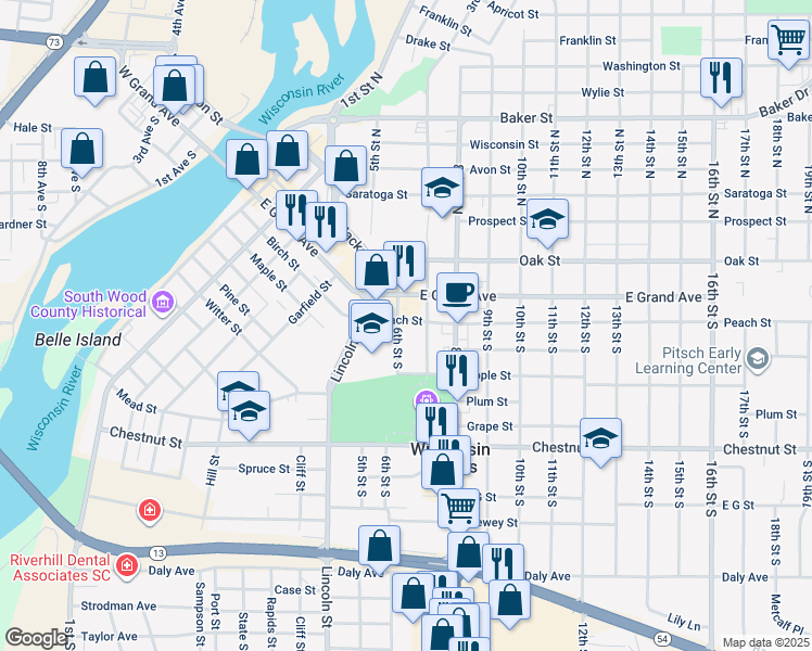 map of restaurants, bars, coffee shops, grocery stores, and more near 220 7th Street South in Wisconsin Rapids