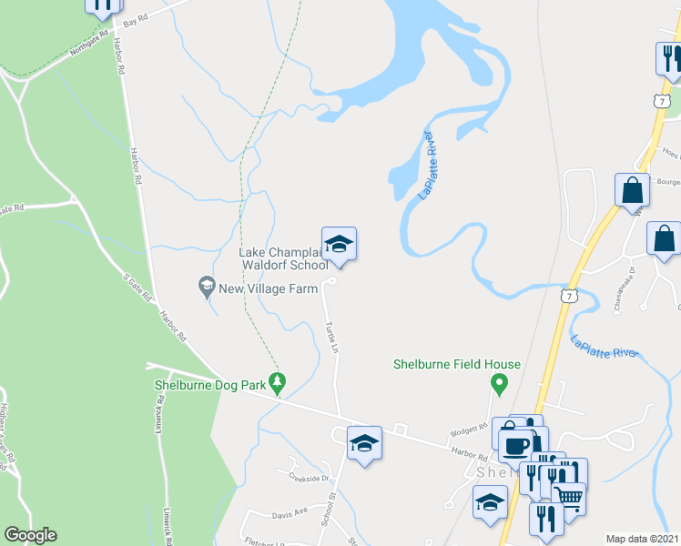 map of restaurants, bars, coffee shops, grocery stores, and more near 359 Turtle Lane in Shelburne