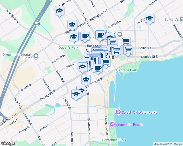 map of restaurants, bars, coffee shops, grocery stores, and more near in Barrie