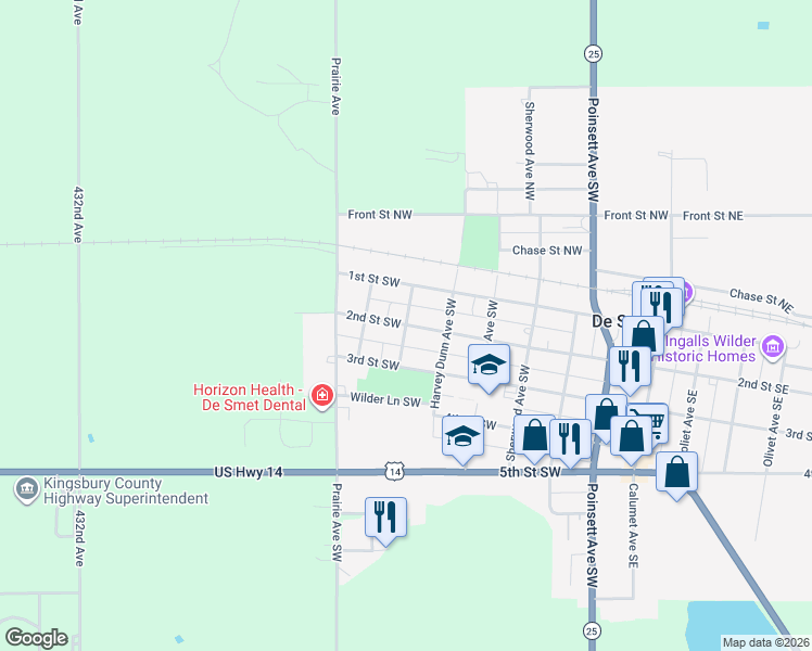 map of restaurants, bars, coffee shops, grocery stores, and more near Andrews Avenue Southwest in De Smet