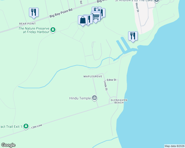 map of restaurants, bars, coffee shops, grocery stores, and more near 3517 Linda Street in Innisfil