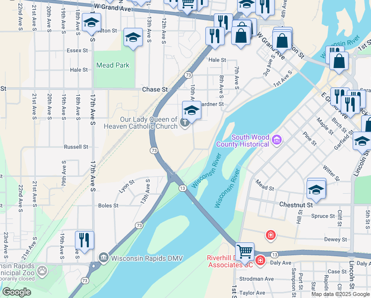 map of restaurants, bars, coffee shops, grocery stores, and more near 850 10th Avenue South in Wisconsin Rapids