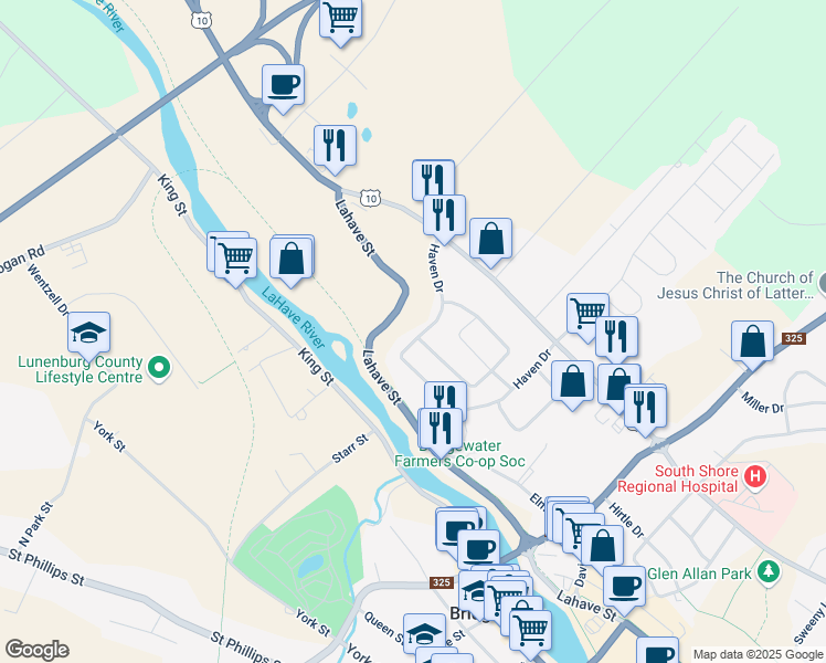 map of restaurants, bars, coffee shops, grocery stores, and more near 195 Haven Drive in Bridgewater