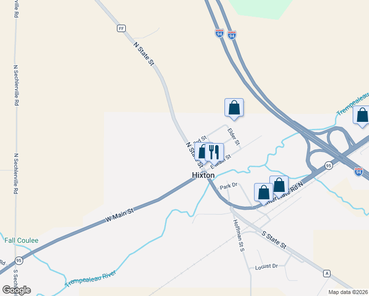 map of restaurants, bars, coffee shops, grocery stores, and more near 130 3rd Street in Hixton