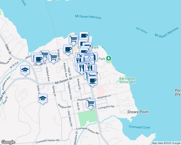 map of restaurants, bars, coffee shops, grocery stores, and more near in Bar Harbor