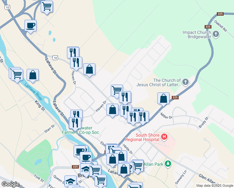 map of restaurants, bars, coffee shops, grocery stores, and more near 160 Seasons Drive in Bridgewater