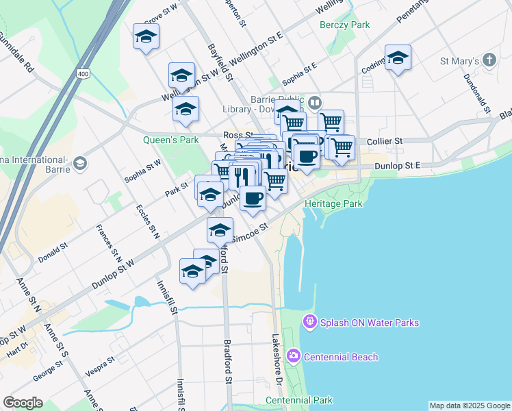 map of restaurants, bars, coffee shops, grocery stores, and more near 32 Mary Street in Barrie