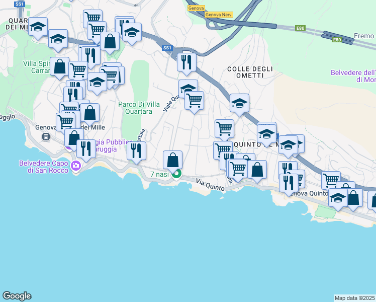map of restaurants, bars, coffee shops, grocery stores, and more near Viale Ponte dell'Ammiraglio in Genoa