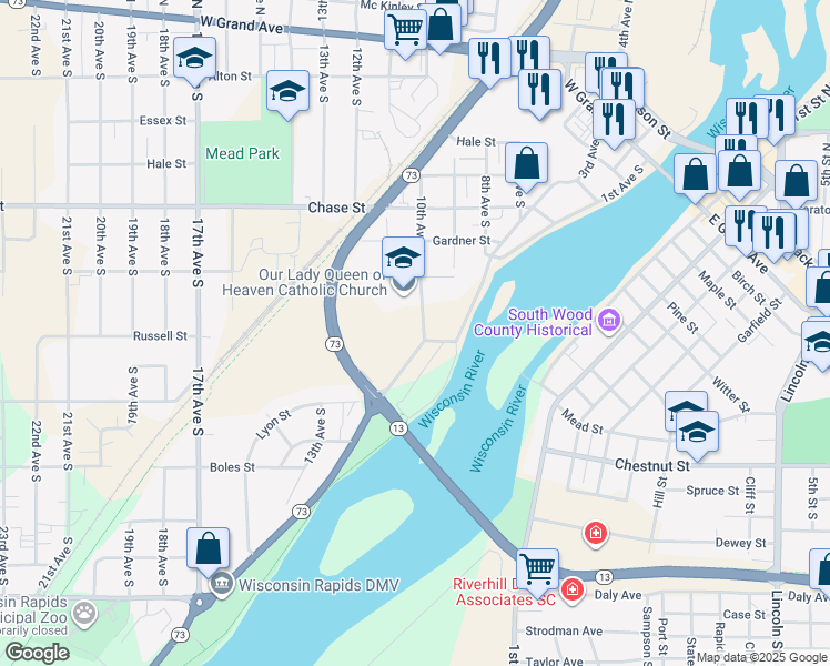 map of restaurants, bars, coffee shops, grocery stores, and more near 850 10th Avenue South in Wisconsin Rapids