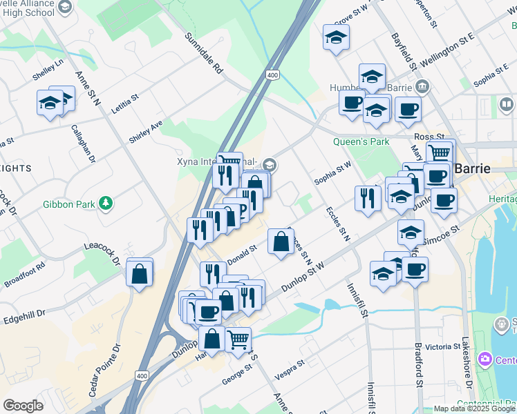 map of restaurants, bars, coffee shops, grocery stores, and more near 165 Wellington Street West in Barrie