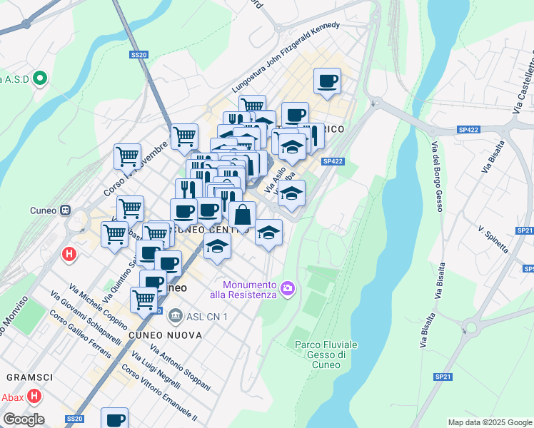 map of restaurants, bars, coffee shops, grocery stores, and more near 1 Via Luigi Gallo in Cuneo