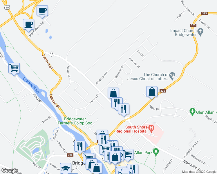 map of restaurants, bars, coffee shops, grocery stores, and more near 160 Seasons Drive in Bridgewater