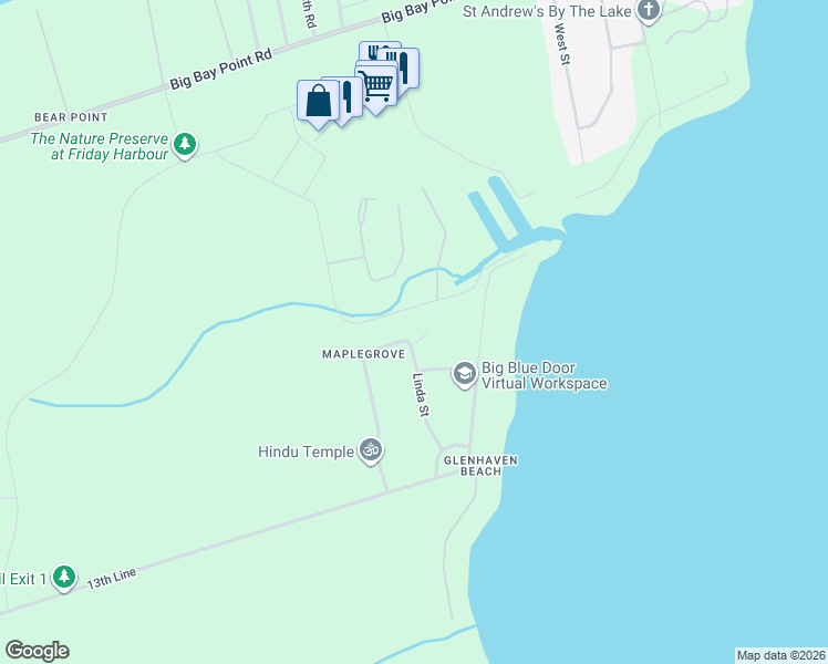 map of restaurants, bars, coffee shops, grocery stores, and more near 3549 Linda Street in Innisfil