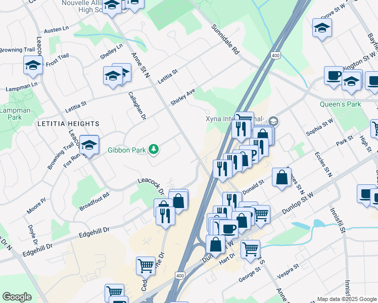 map of restaurants, bars, coffee shops, grocery stores, and more near 114 Anne Street North in Barrie