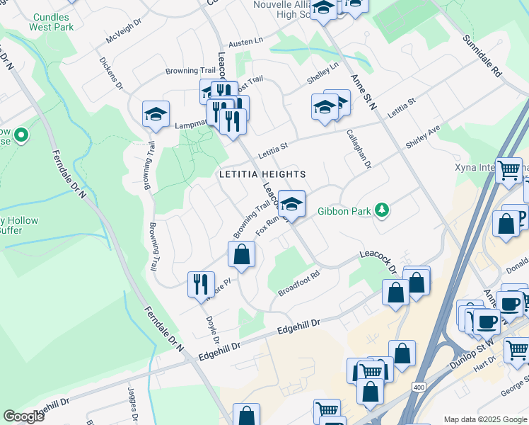 map of restaurants, bars, coffee shops, grocery stores, and more near 13 Browning Trail in Barrie