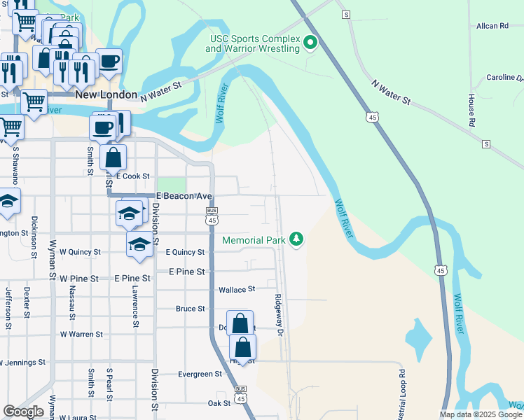 map of restaurants, bars, coffee shops, grocery stores, and more near 606 East Beacon Avenue in New London