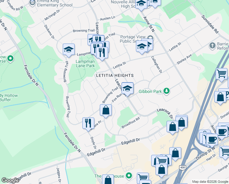 map of restaurants, bars, coffee shops, grocery stores, and more near 17 Browning Trail in Barrie