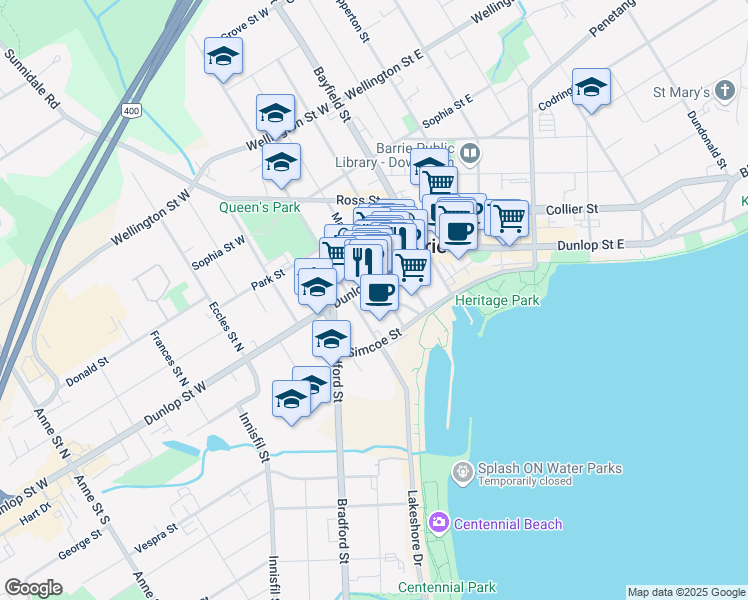 map of restaurants, bars, coffee shops, grocery stores, and more near 34 Mary Street in Barrie