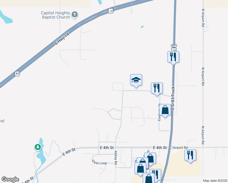 map of restaurants, bars, coffee shops, grocery stores, and more near 2013 Abbey Road in Pierre