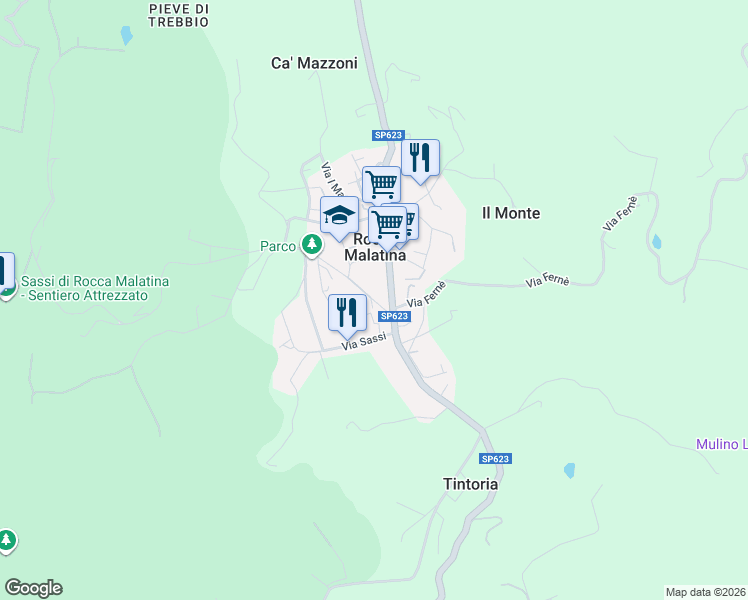 map of restaurants, bars, coffee shops, grocery stores, and more near 99 Via Ronzone in Rocca Malatina