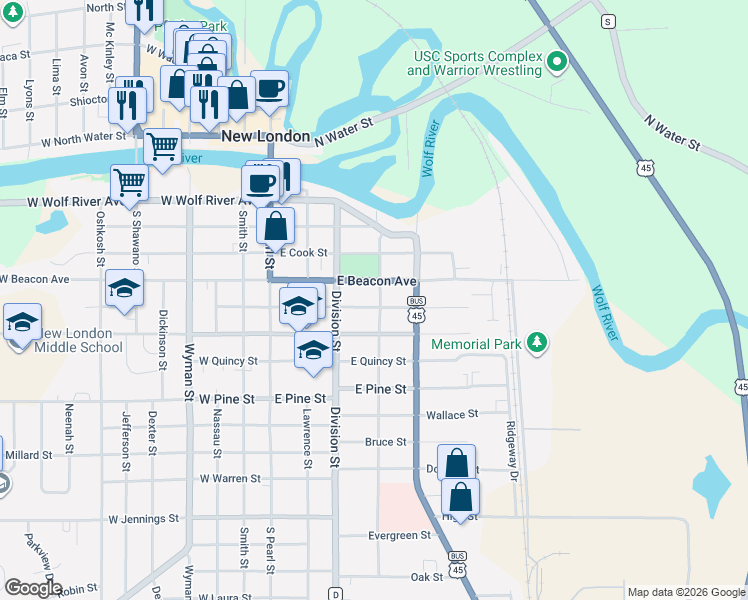 map of restaurants, bars, coffee shops, grocery stores, and more near 316 East Beacon Avenue in New London