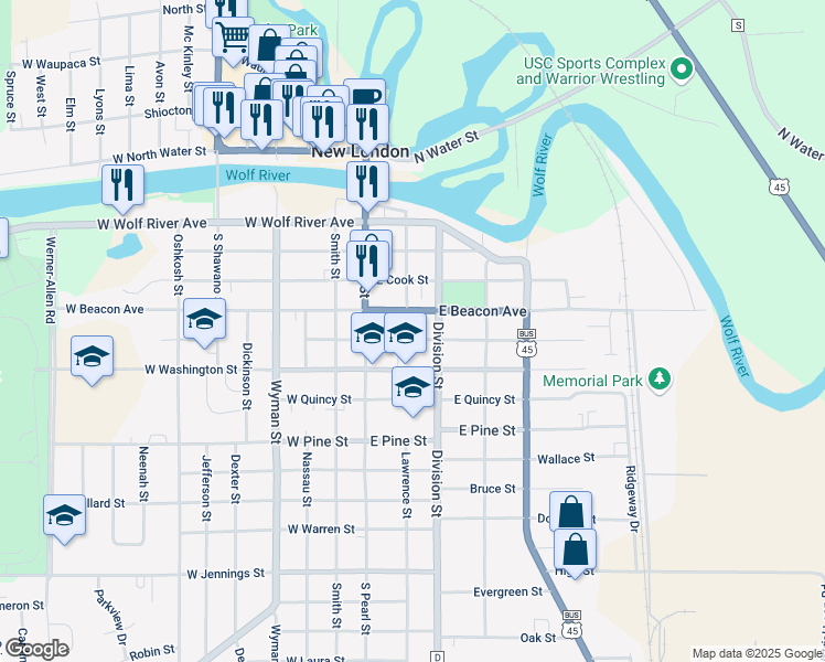 map of restaurants, bars, coffee shops, grocery stores, and more near 120 East Beacon Avenue in New London