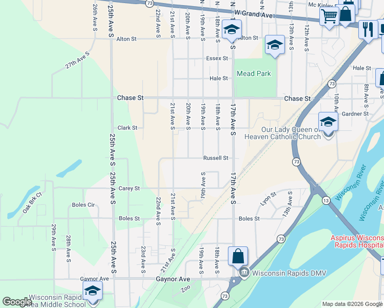 map of restaurants, bars, coffee shops, grocery stores, and more near 810 20th Avenue South in Wisconsin Rapids