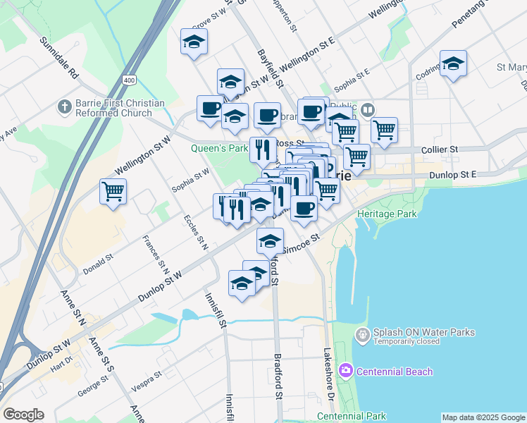 map of restaurants, bars, coffee shops, grocery stores, and more near in Barrie