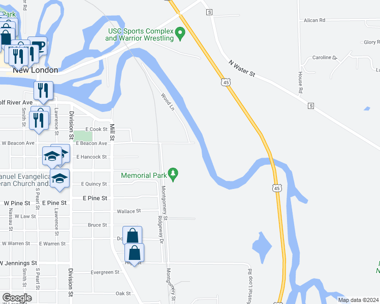 map of restaurants, bars, coffee shops, grocery stores, and more near 840 East Beacon Avenue in New London