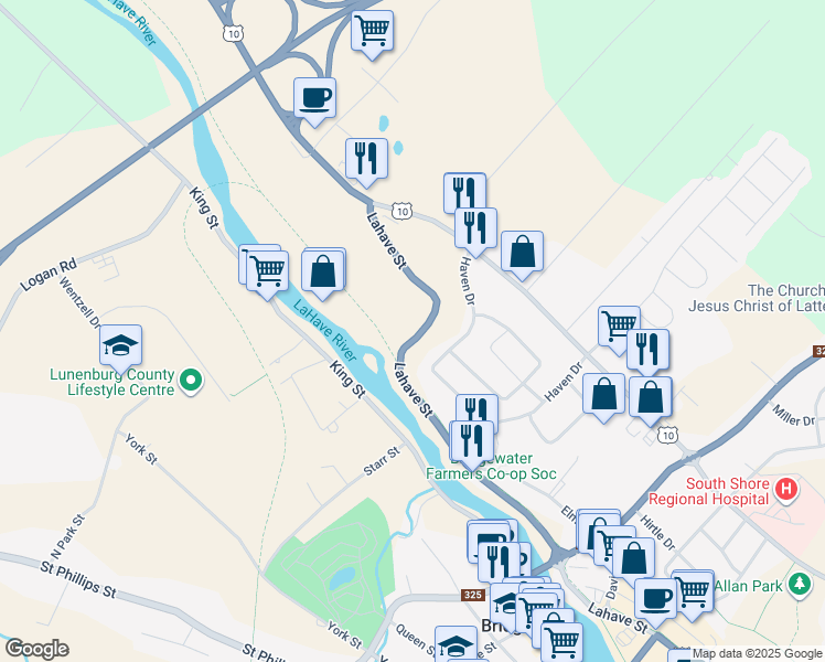 map of restaurants, bars, coffee shops, grocery stores, and more near 811 Lahave Street in Bridgewater