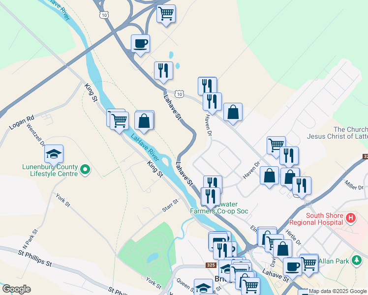 map of restaurants, bars, coffee shops, grocery stores, and more near 811 Lahave Street in Bridgewater