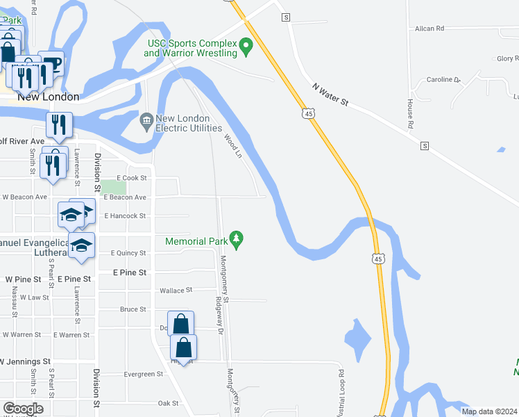 map of restaurants, bars, coffee shops, grocery stores, and more near 840 East Beacon Avenue in New London