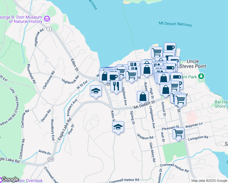 map of restaurants, bars, coffee shops, grocery stores, and more near 12 Maple Avenue in Bar Harbor