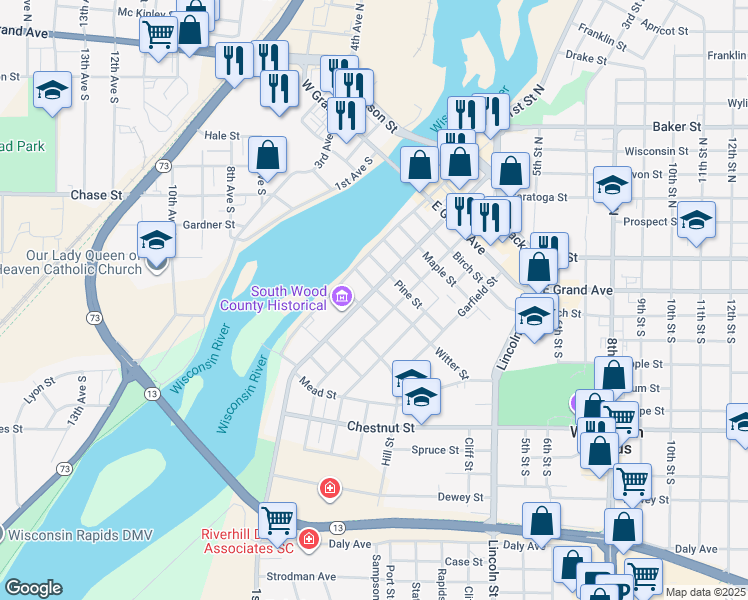 map of restaurants, bars, coffee shops, grocery stores, and more near 521 3rd Street South in Wisconsin Rapids