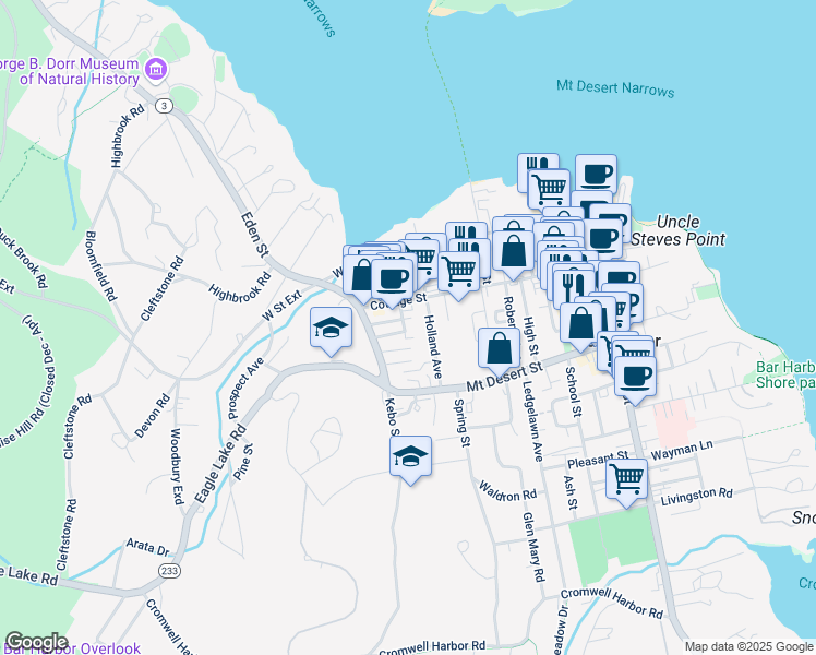 map of restaurants, bars, coffee shops, grocery stores, and more near 12 Maple Avenue in Bar Harbor