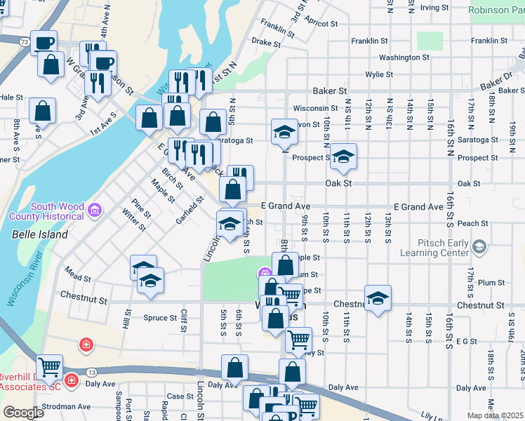 map of restaurants, bars, coffee shops, grocery stores, and more near 220 7th Street South in Wisconsin Rapids