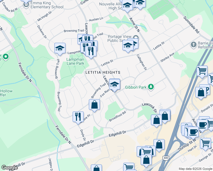 map of restaurants, bars, coffee shops, grocery stores, and more near 5 Browning Trail in Barrie