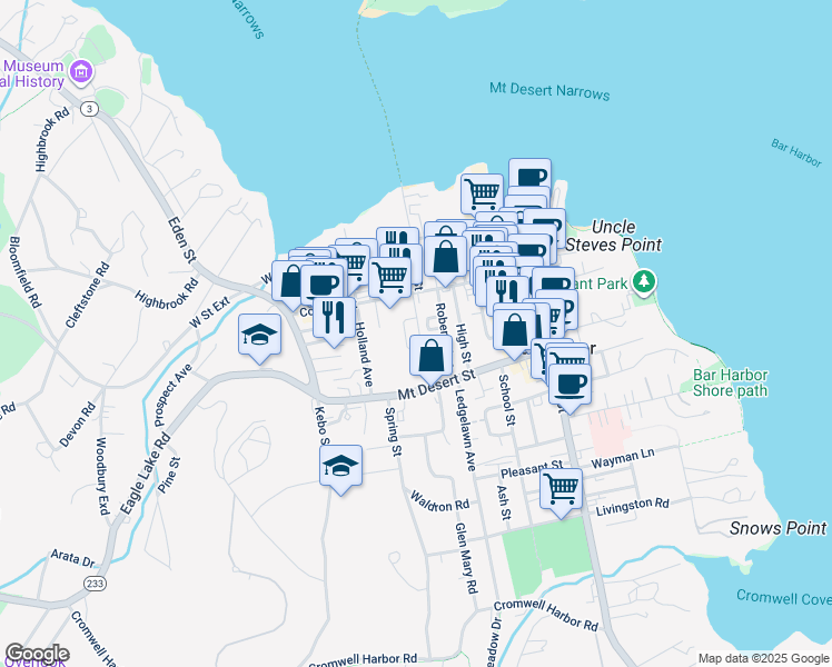 map of restaurants, bars, coffee shops, grocery stores, and more near 21 Greeley Avenue in Bar Harbor