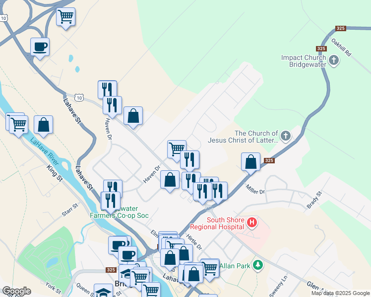 map of restaurants, bars, coffee shops, grocery stores, and more near 1 Spring Crescent in Bridgewater