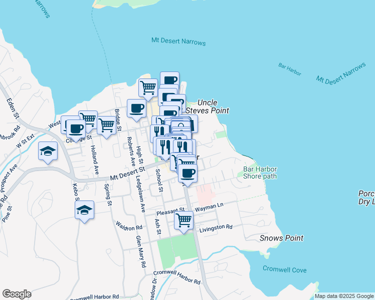 map of restaurants, bars, coffee shops, grocery stores, and more near in Bar Harbor