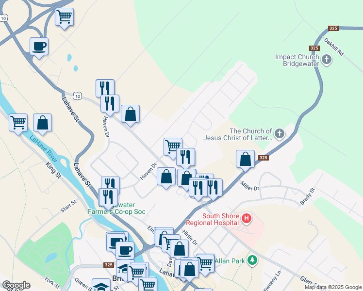 map of restaurants, bars, coffee shops, grocery stores, and more near 1 Spring Crescent in Bridgewater