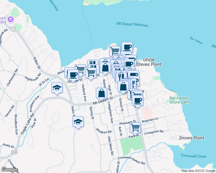 map of restaurants, bars, coffee shops, grocery stores, and more near 15 High Street in Bar Harbor