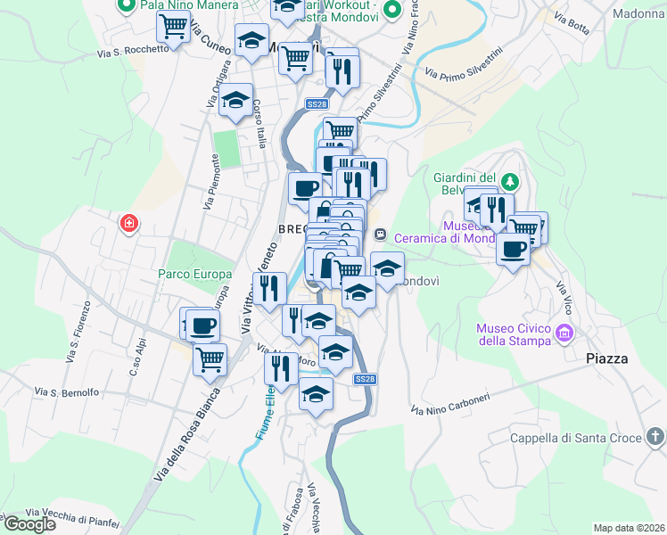 map of restaurants, bars, coffee shops, grocery stores, and more near 18a Corso Statuto in Mondovì