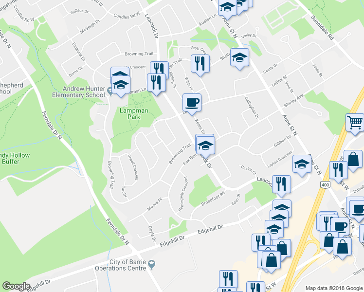 map of restaurants, bars, coffee shops, grocery stores, and more near 18 Browning Trail in Barrie