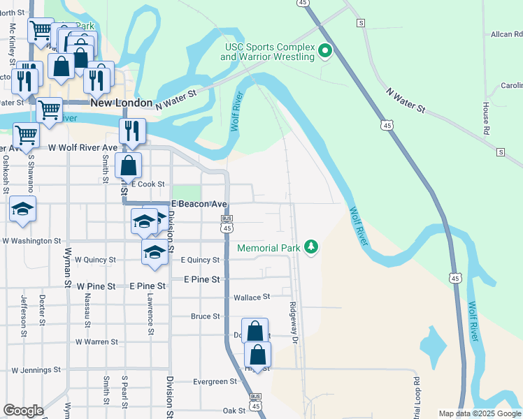 map of restaurants, bars, coffee shops, grocery stores, and more near 606 East Beacon Avenue in New London