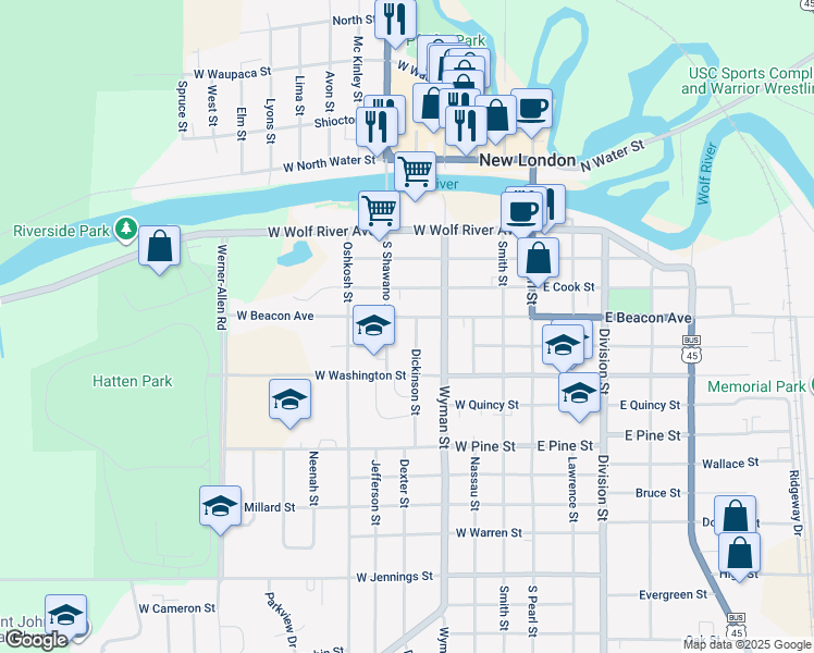 map of restaurants, bars, coffee shops, grocery stores, and more near 502 West Beacon Avenue in New London