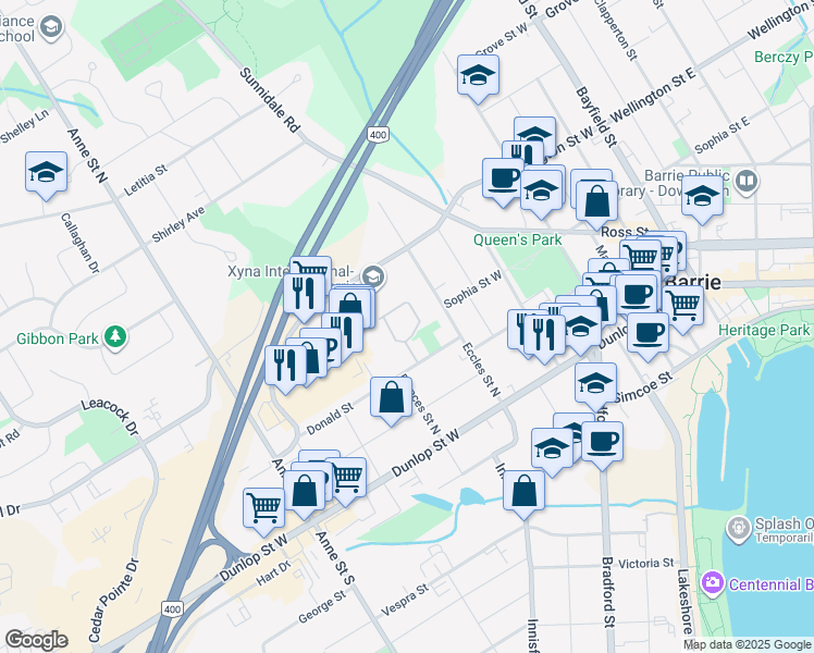 map of restaurants, bars, coffee shops, grocery stores, and more near 28 Donald Street in Barrie
