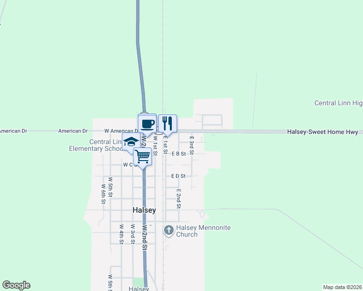 map of restaurants, bars, coffee shops, grocery stores, and more near 112 East 2nd Street in Halsey